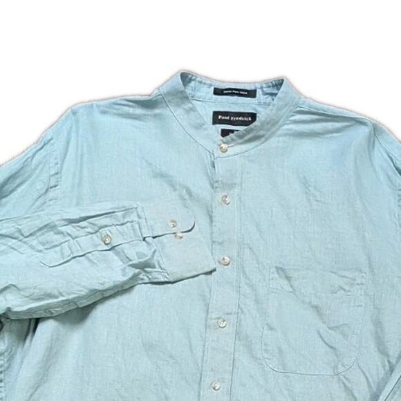 Paul Fredrick 100% Linen Teal L/S Button Down Shirt Band Collar XL - Picture 1 of 8